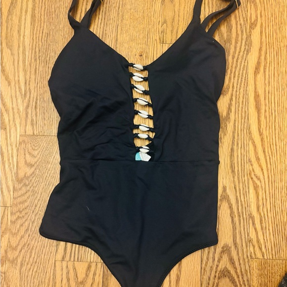 Black One-Piece Swimsuit with Shell Detail - Picture 1 of 2
